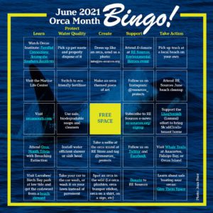 Orca Month bingo card with 5 columns and rows