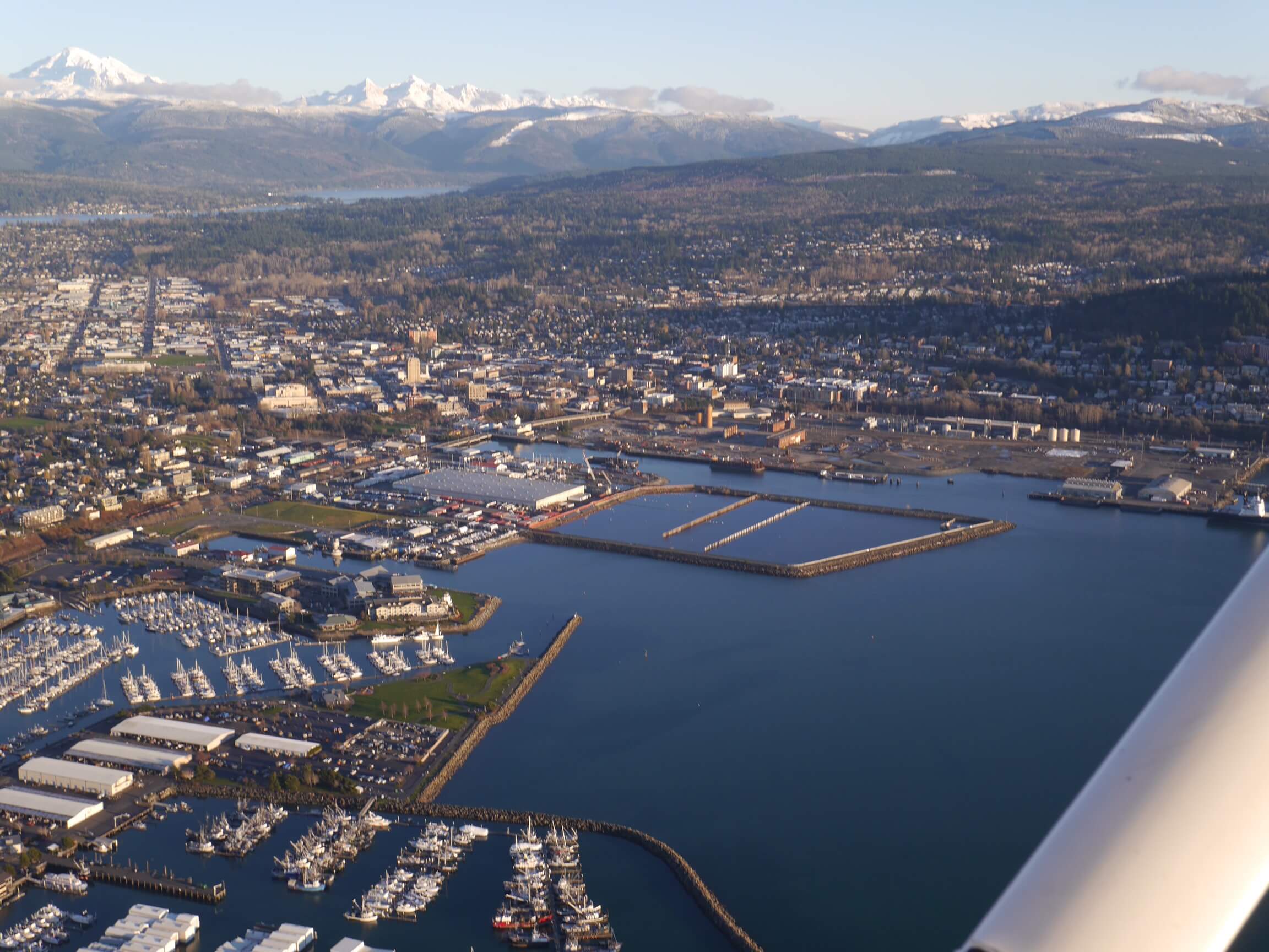 Aerial view of Bellingham Bay. Mount Baker sits in the background.