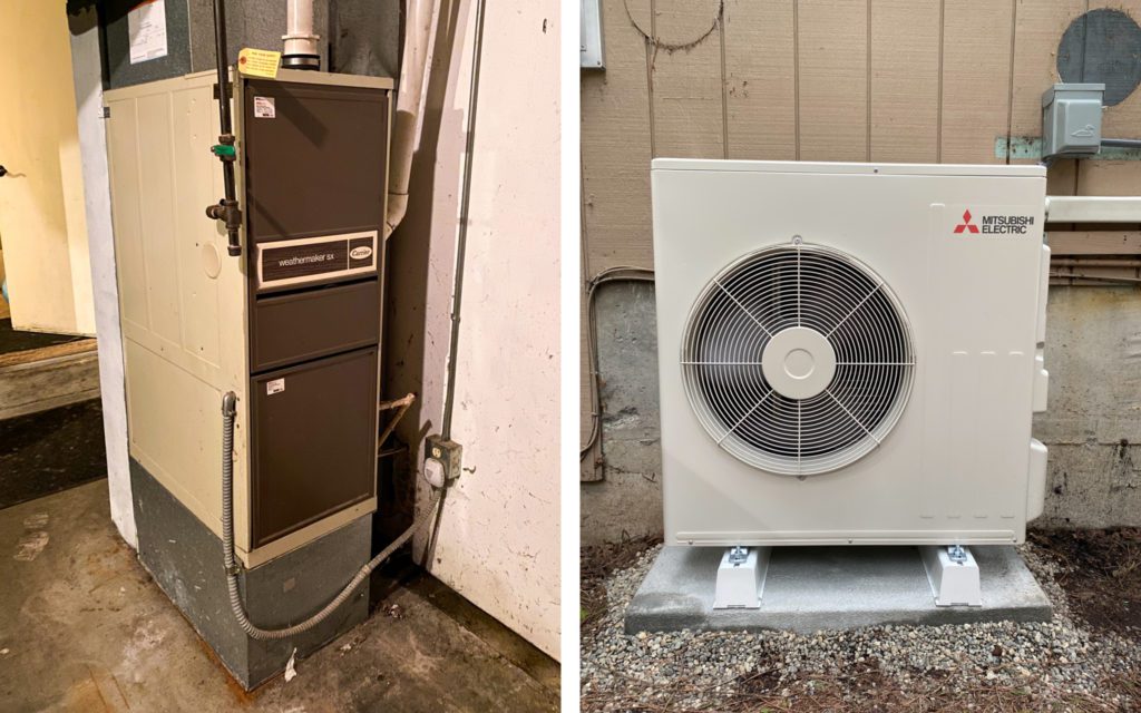 side by side images of a gas furnace (left) and an air source heat pump outdoor unit (right)