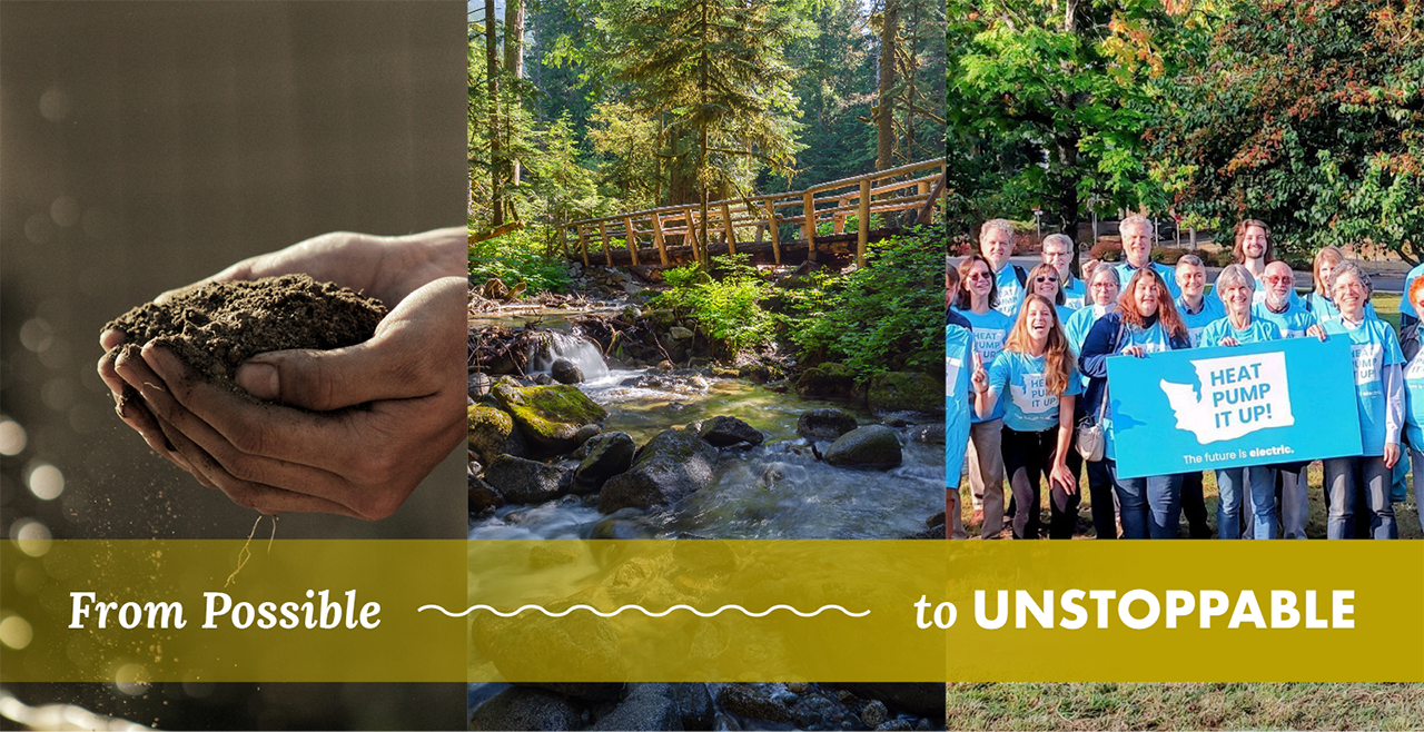 Three photos, one of hands holding soil, one of a wooden bridge crossing a forest stream and one showing advocates for clean building codes wearing matching blue t-shirts