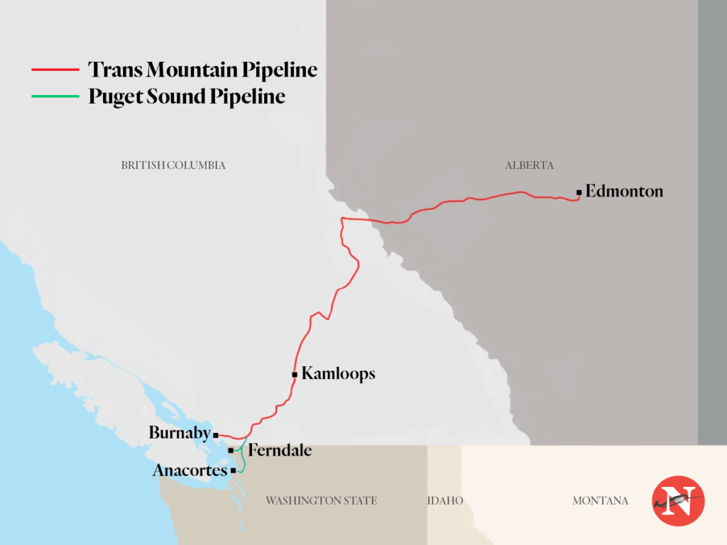 Map showing the Trans Mountain Pipeline and Puget Sound Pipeline, infrastructure with ties to the Willow Project.